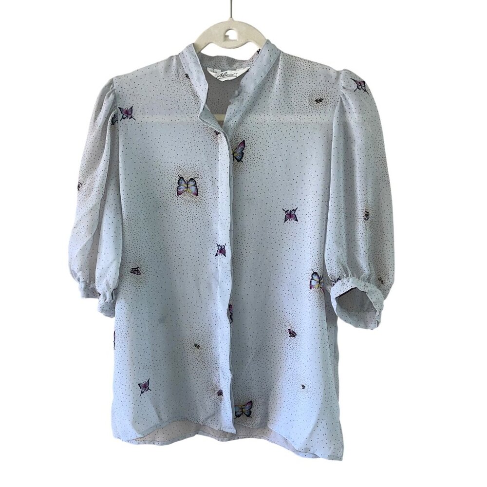 Alicia Vintage Womens Blouse Size Medium Gray Butterfly Print Crepe Casual - Picture 9 of 11